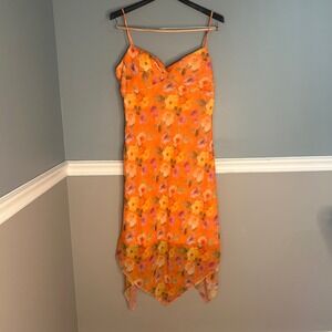 Vtg CDC Rampage Floral‎ midi Dress  fairy hem Spaghetti Strap Orange